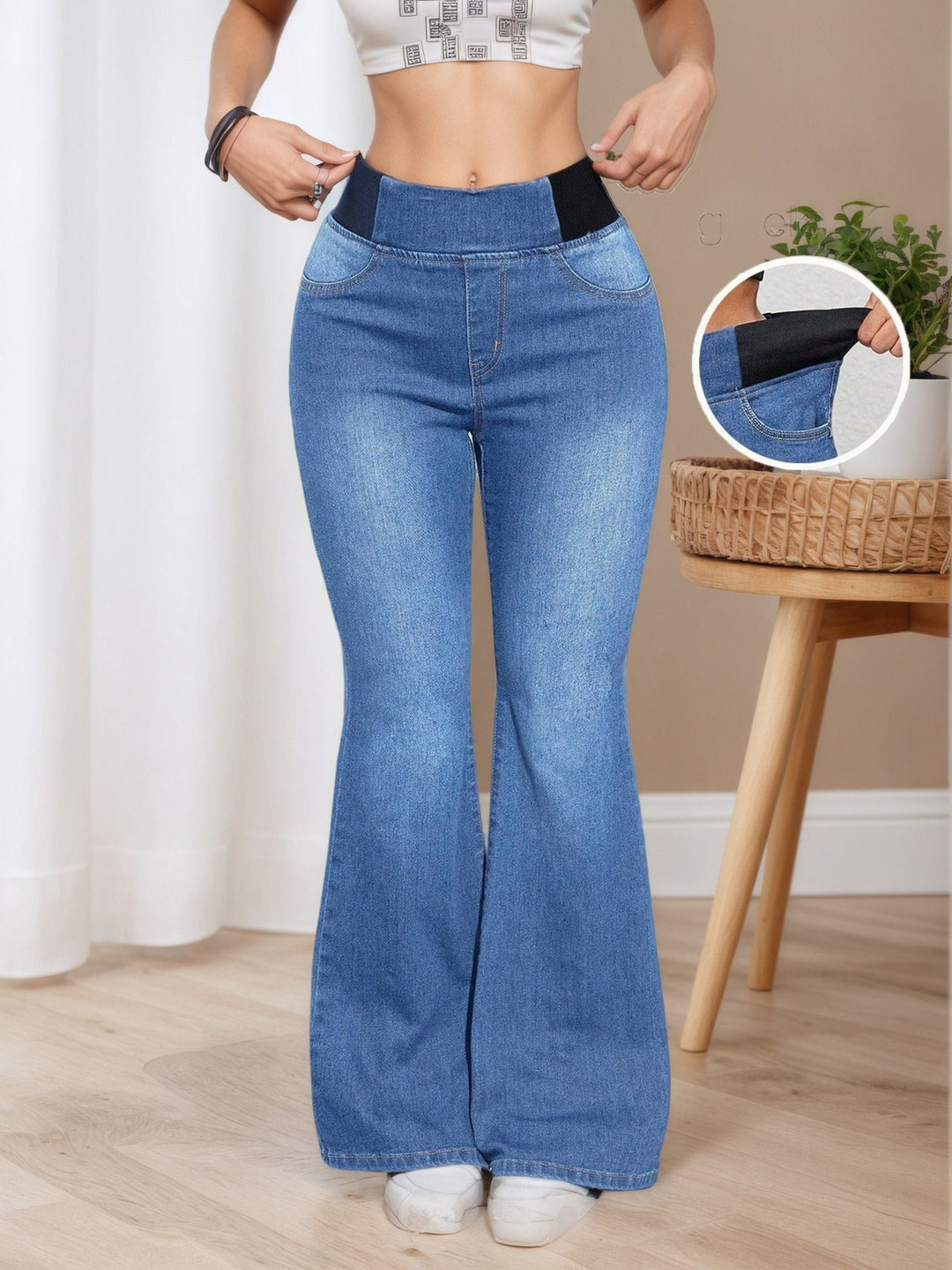 Women’s High Waist Stretch Flare Jeans – Elastic Waist Wide Leg Denim Pants