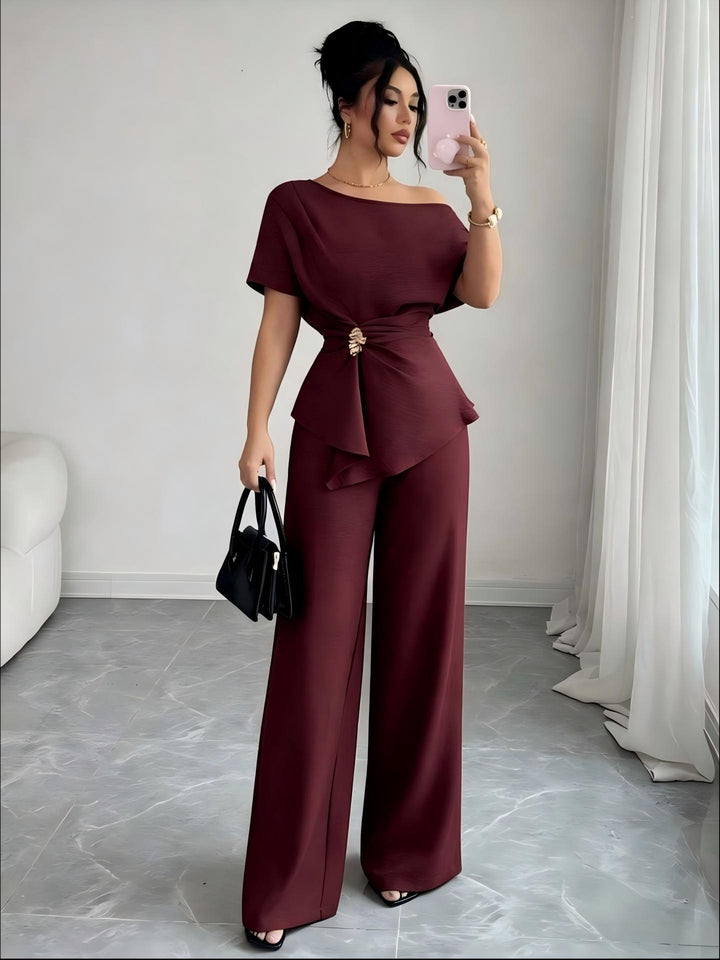 Elegant One-Shoulder Metal Accent Top &amp; Wide-Leg Pants Set