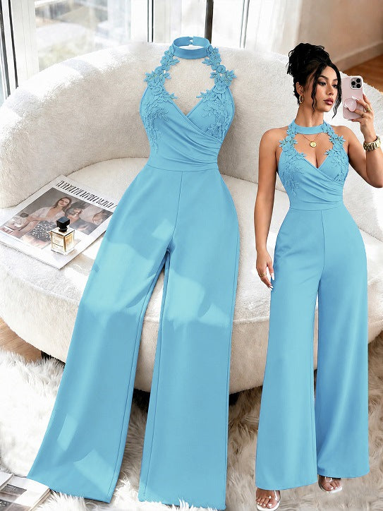Elegant Lace Halter Deep V Wide-Leg Jumpsuit