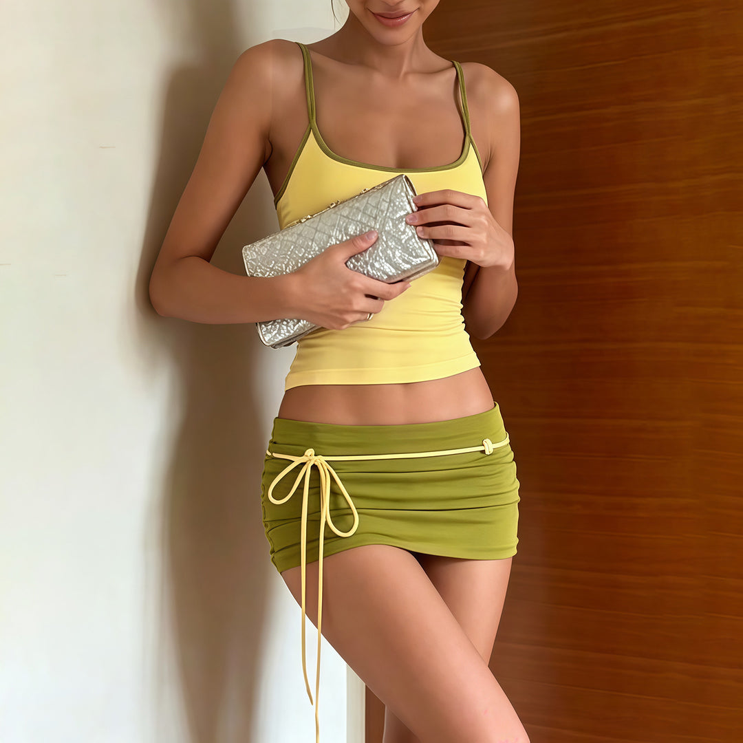 Sweet &amp; Cool Contrast Trim Cami Top &amp; Tie-Up Mini Skirt Set