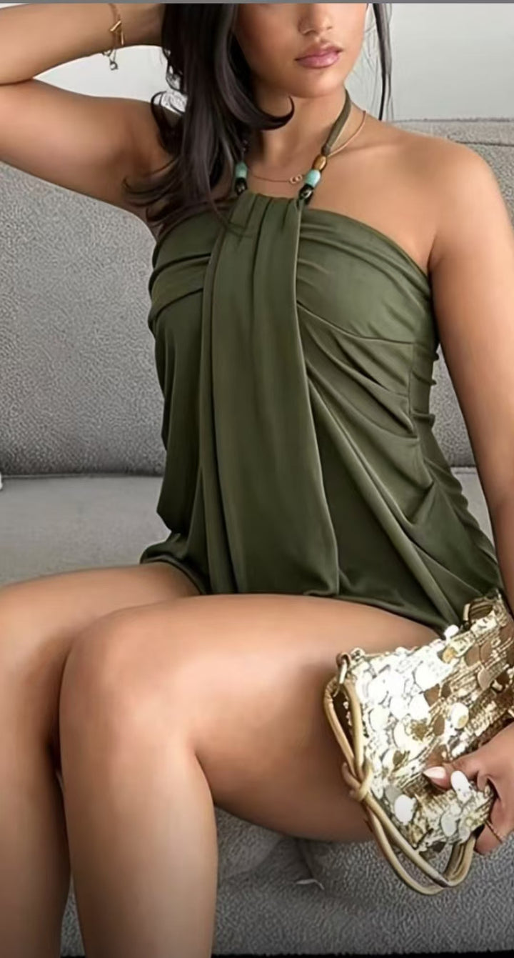 Beaded Halter Draped Backless Bodycon Mini Dress