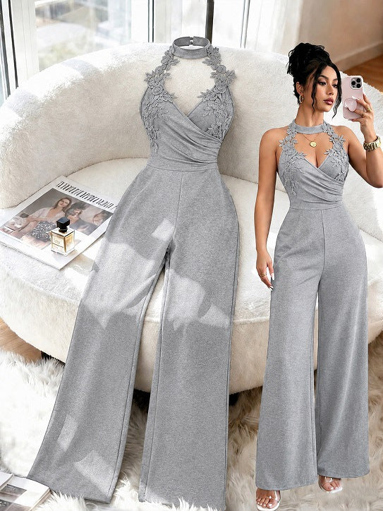 Elegant Lace Halter Deep V Wide-Leg Jumpsuit