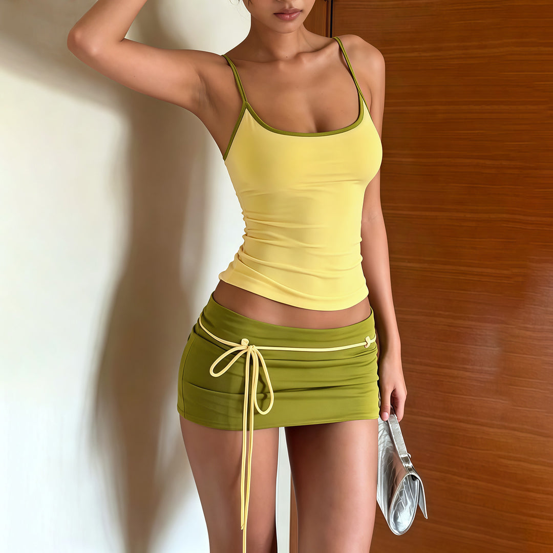 Sweet &amp; Cool Contrast Trim Cami Top &amp; Tie-Up Mini Skirt Set