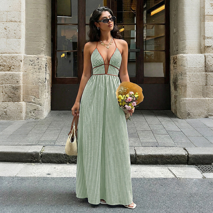 Striped Deep V-Neck Halter Backless Maxi Dress