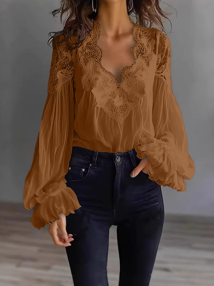 Women’s Lace-Trim Puff Sleeve Pleated Blouse