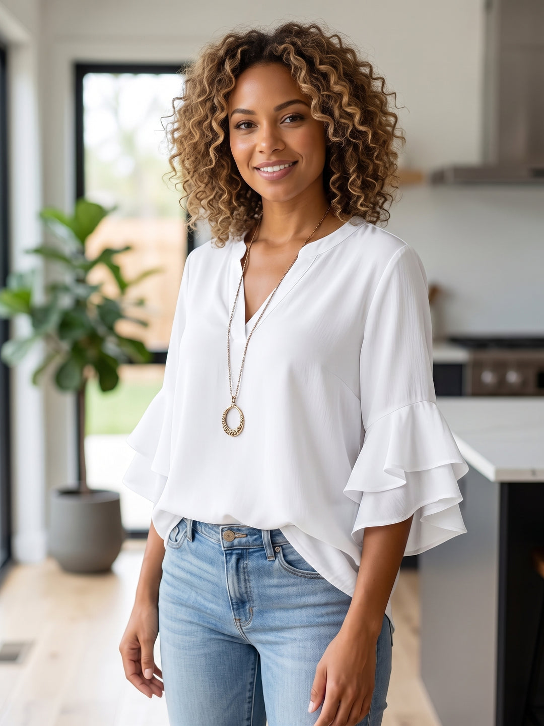 Women’s Relaxed V-Neck Ruffle Sleeve Top