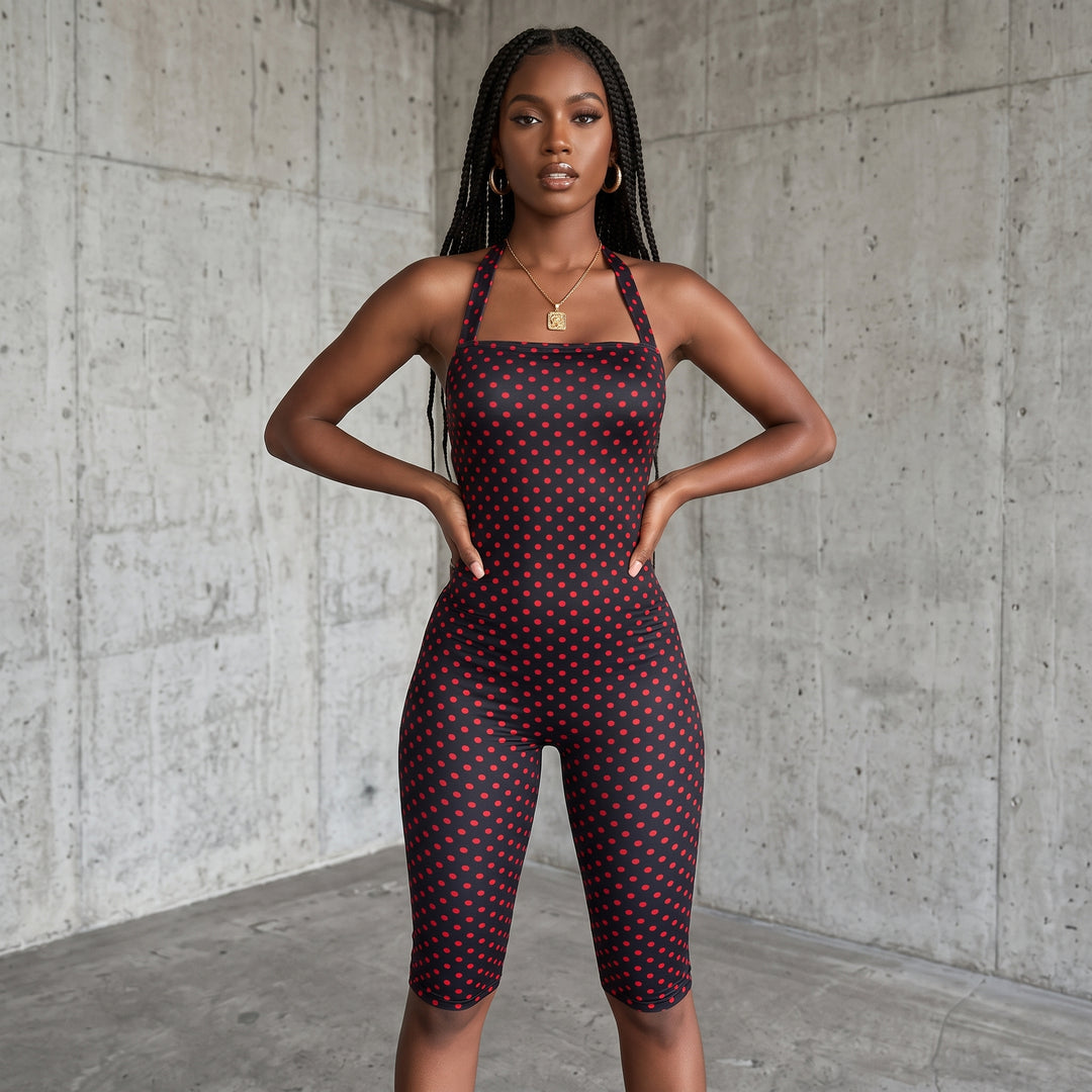 Polka Dot Halter Backless Booty-Lifting Romper