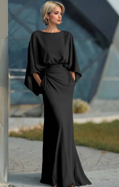 Elegant Backless Ruched Waist Draped Sleeve Maxi Dress