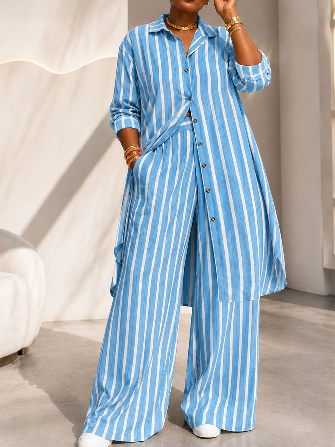 Women’s Elegant Striped Longline Two-Piece Set
