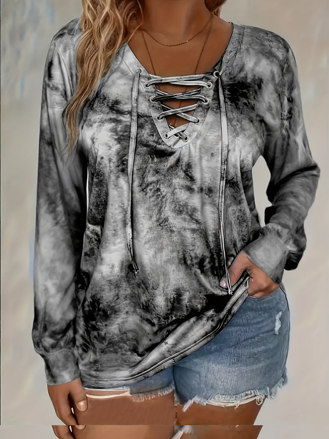 Tie-Dye Lace-Up V-Neck Long Sleeve Casual Top