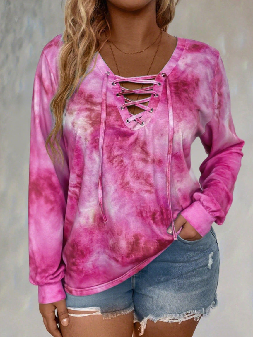 Tie-Dye Lace-Up V-Neck Long Sleeve Casual Top