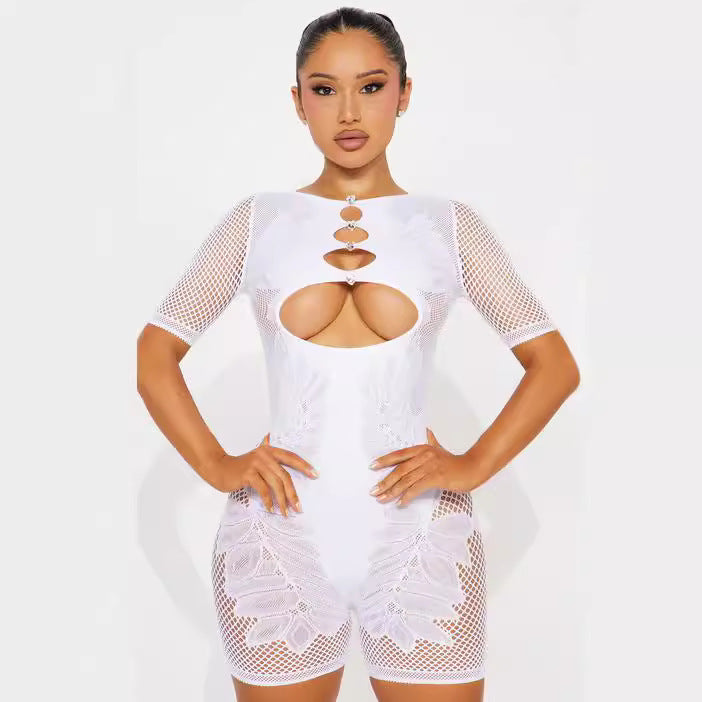 Rhinestone Cut‑out Mesh  Jumpsuit