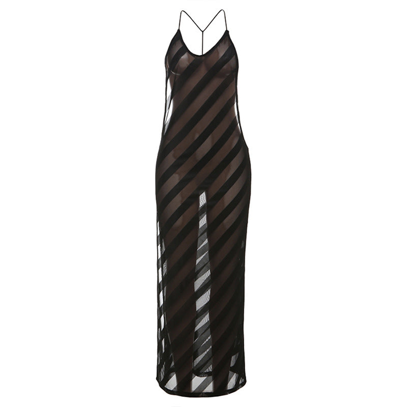 Diagonal Stripe Backless Maxi Dress