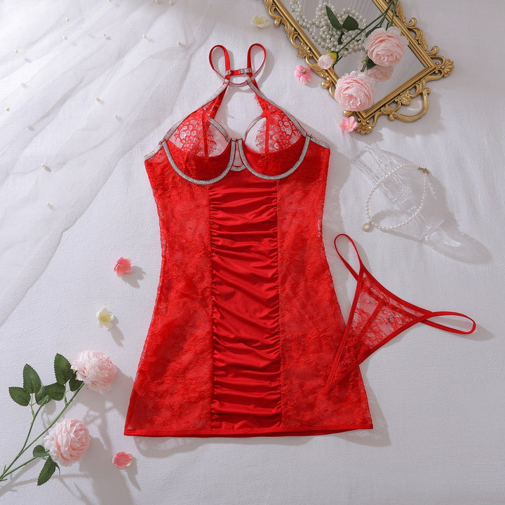Rhinestone‑Trim Halter Lace Babydoll