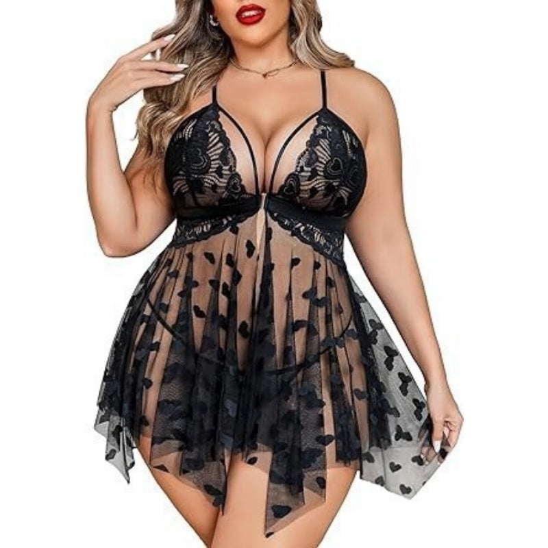 Heart‑Flocked Lace Mesh Nightgown