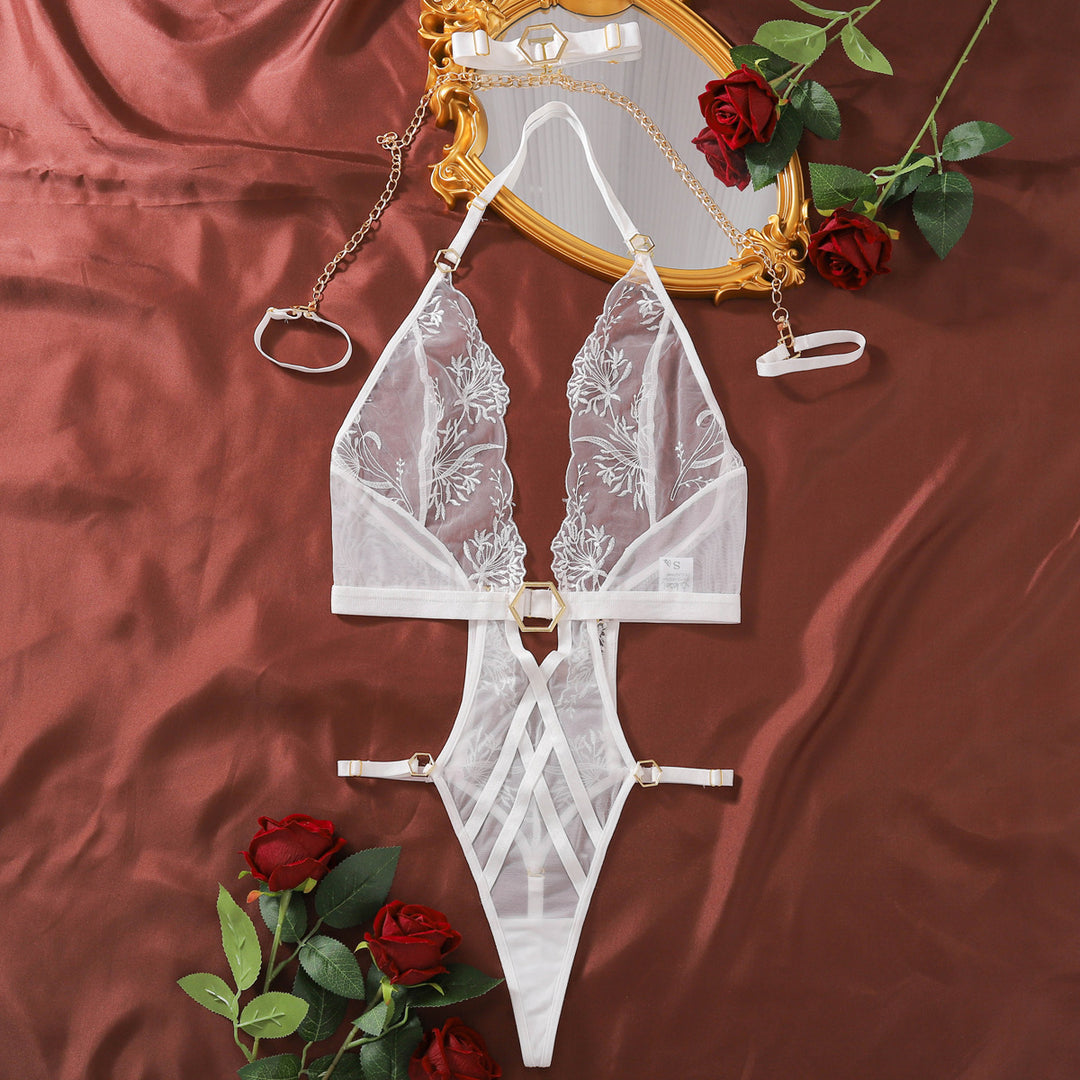 Floral‑Embroidered Halter Teddy Lingerie