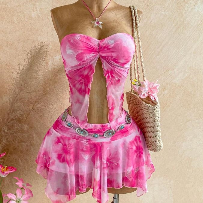Sun‑Print Strapless Ruffled Skirt