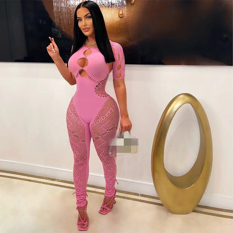 Rhinestone Cut‑Out Cami Jumpsuit