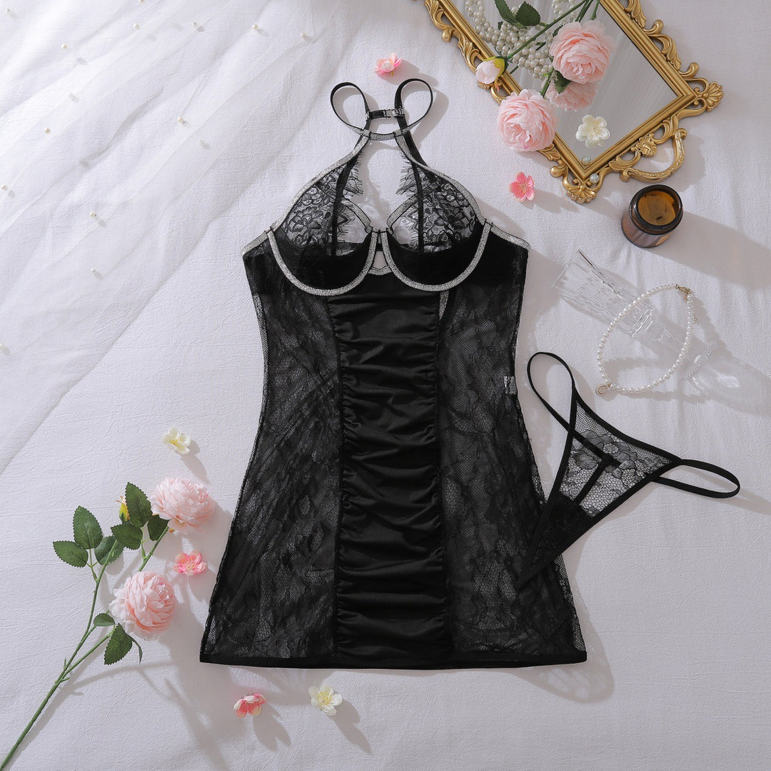 Rhinestone‑Trim Halter Lace Babydoll