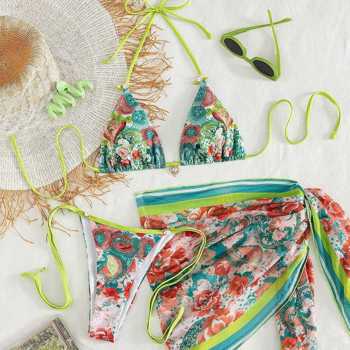 Floral‑Print Halter Bikini Swimsuit