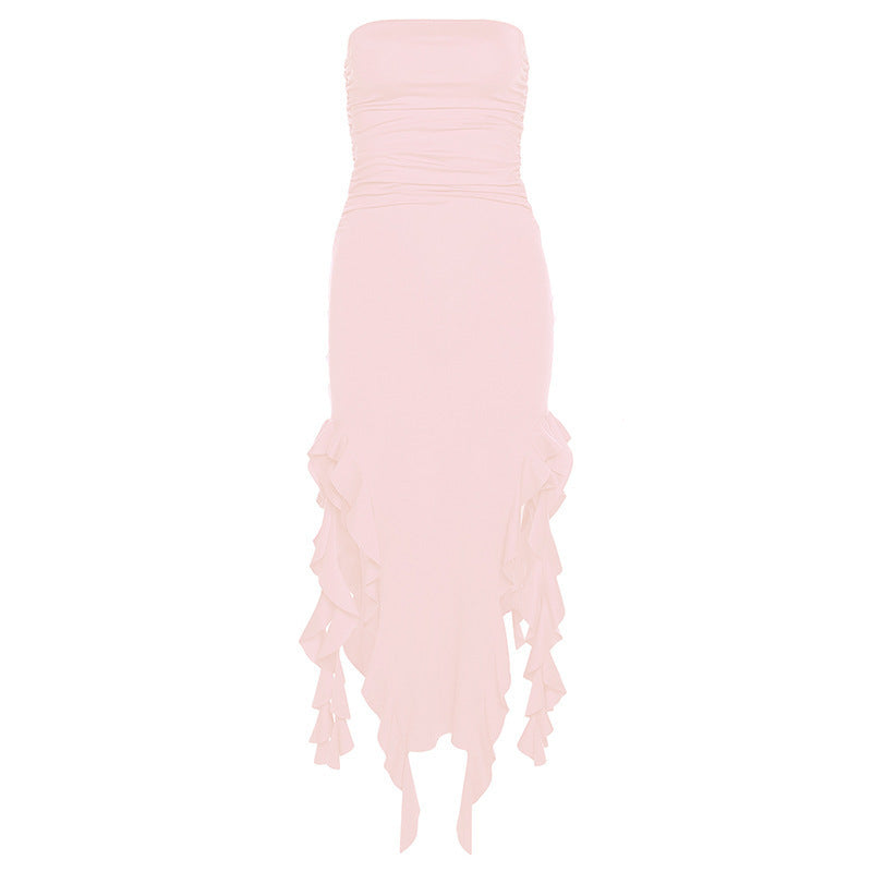 Strapless Ruched Irregular High Slit Dress