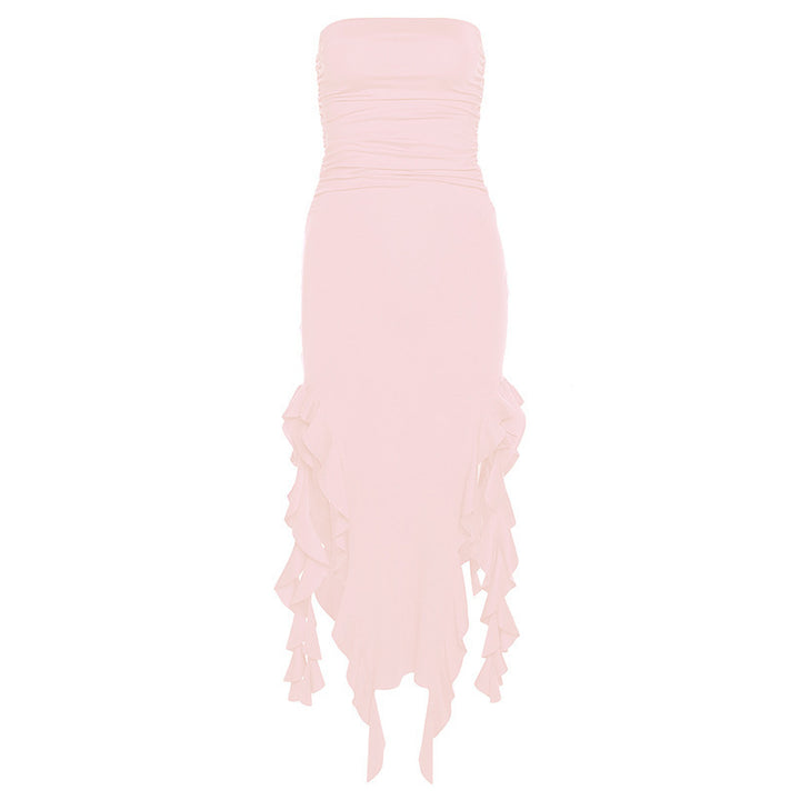 Strapless Ruched Irregular High Slit Dress