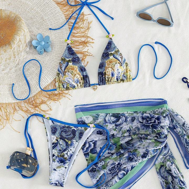 Floral‑Print Halter Bikini Swimsuit