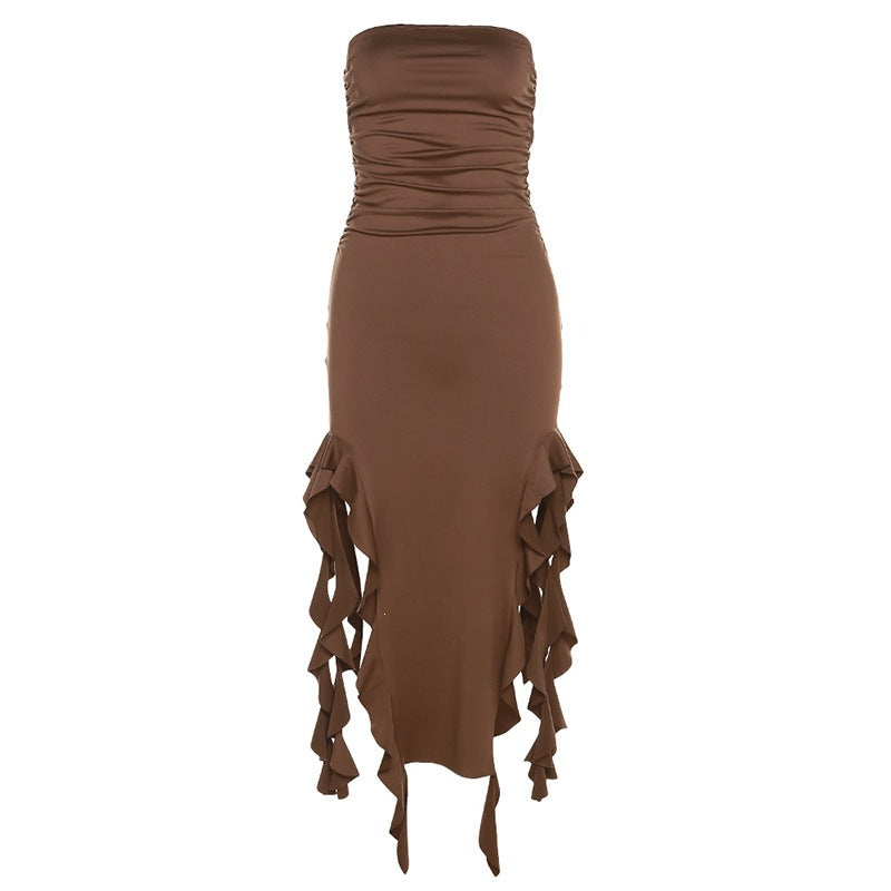 Strapless Ruched Irregular High Slit Dress