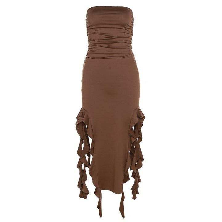 Strapless Ruched Irregular High Slit Dress