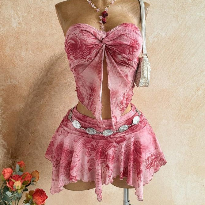 Sun‑Print Strapless Ruffled Skirt