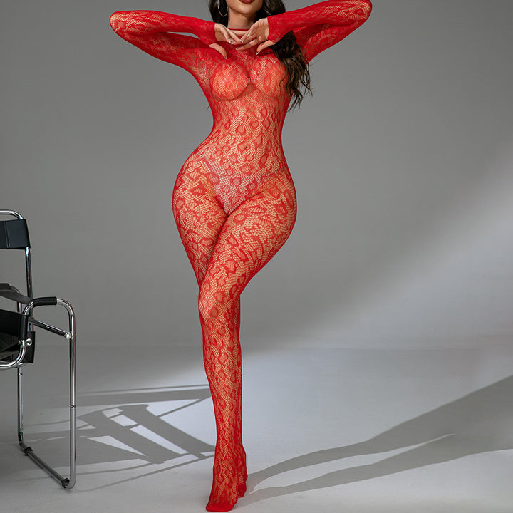 Snake‑Pattern Lace Long‑Sleeve Bodystocking
