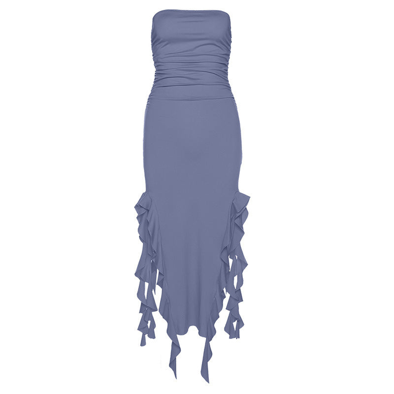 Strapless Ruched Irregular High Slit Dress