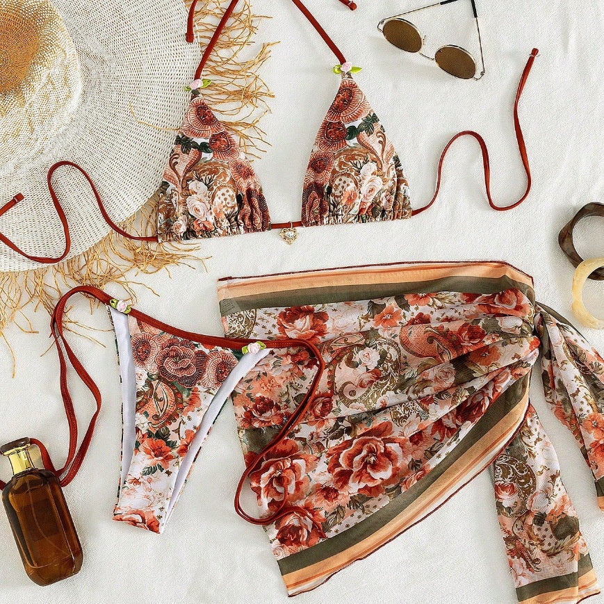 Floral‑Print Halter Bikini Swimsuit