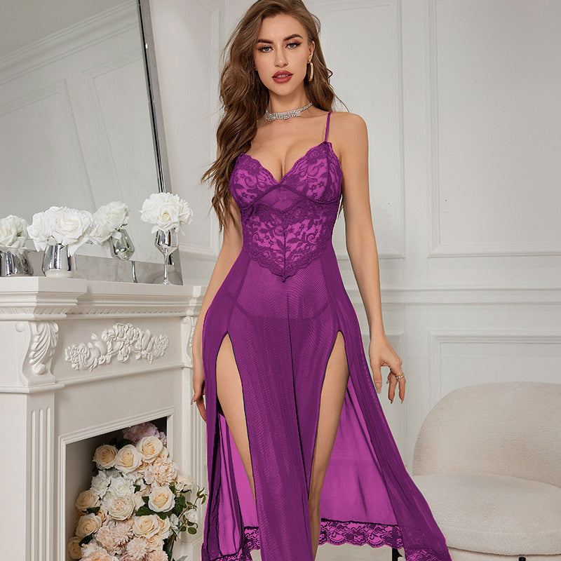 Floral Lace Slit Mesh Maxi Nightgown