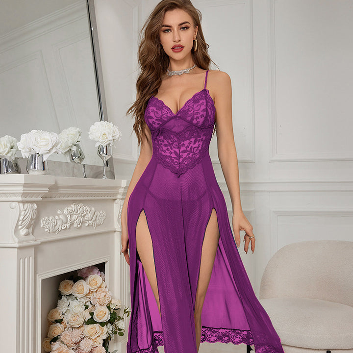 Floral Lace Slit Mesh Maxi Nightgown