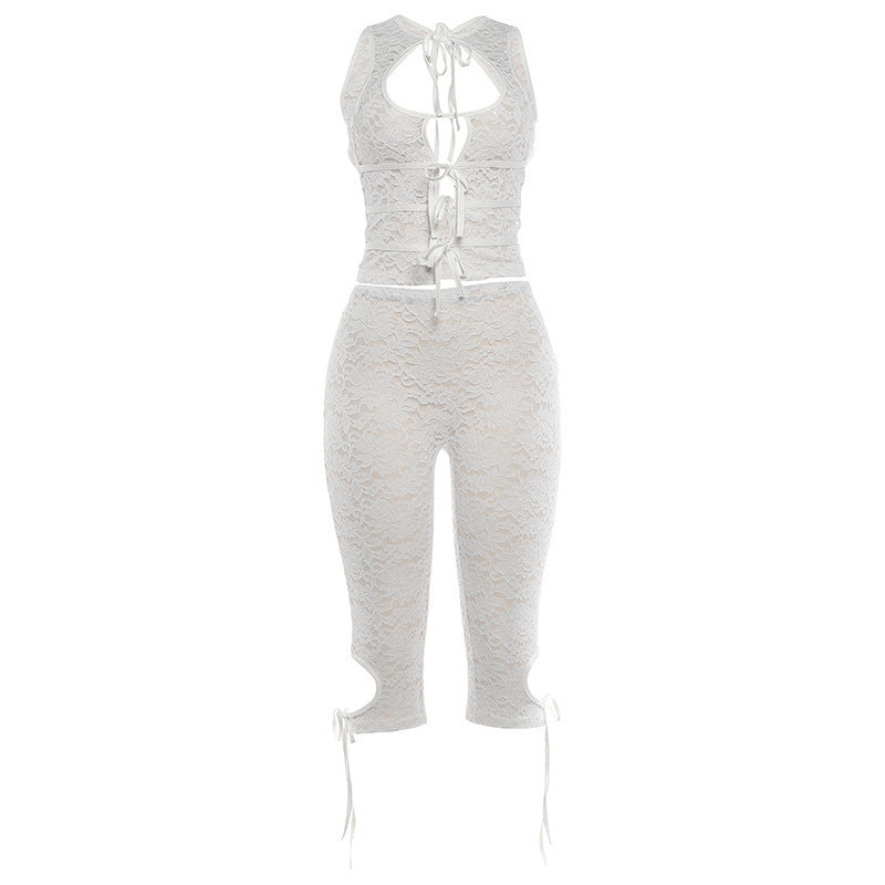Lace-Up Back Cutout Top Set