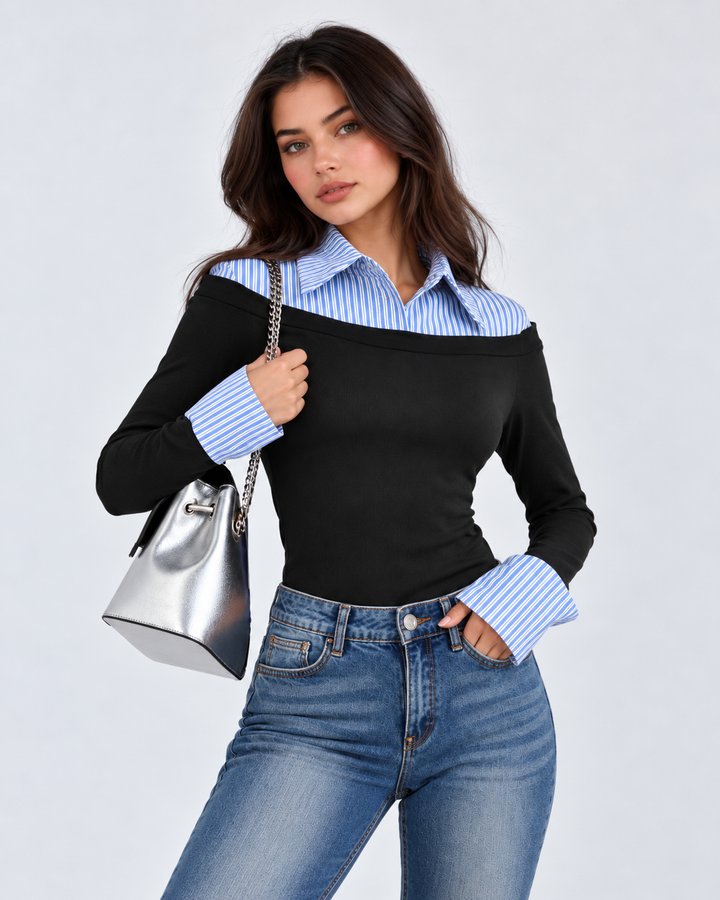 Women’s Striped Collar Contrast Layered Slim-Fit Long Sleeve Top